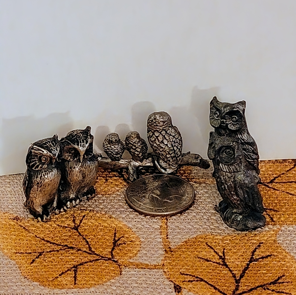 Owl Small Pewter Figurines Mini Owl Family Group Shelf Decor Set of 4 Vintage - Picture 12 of 12